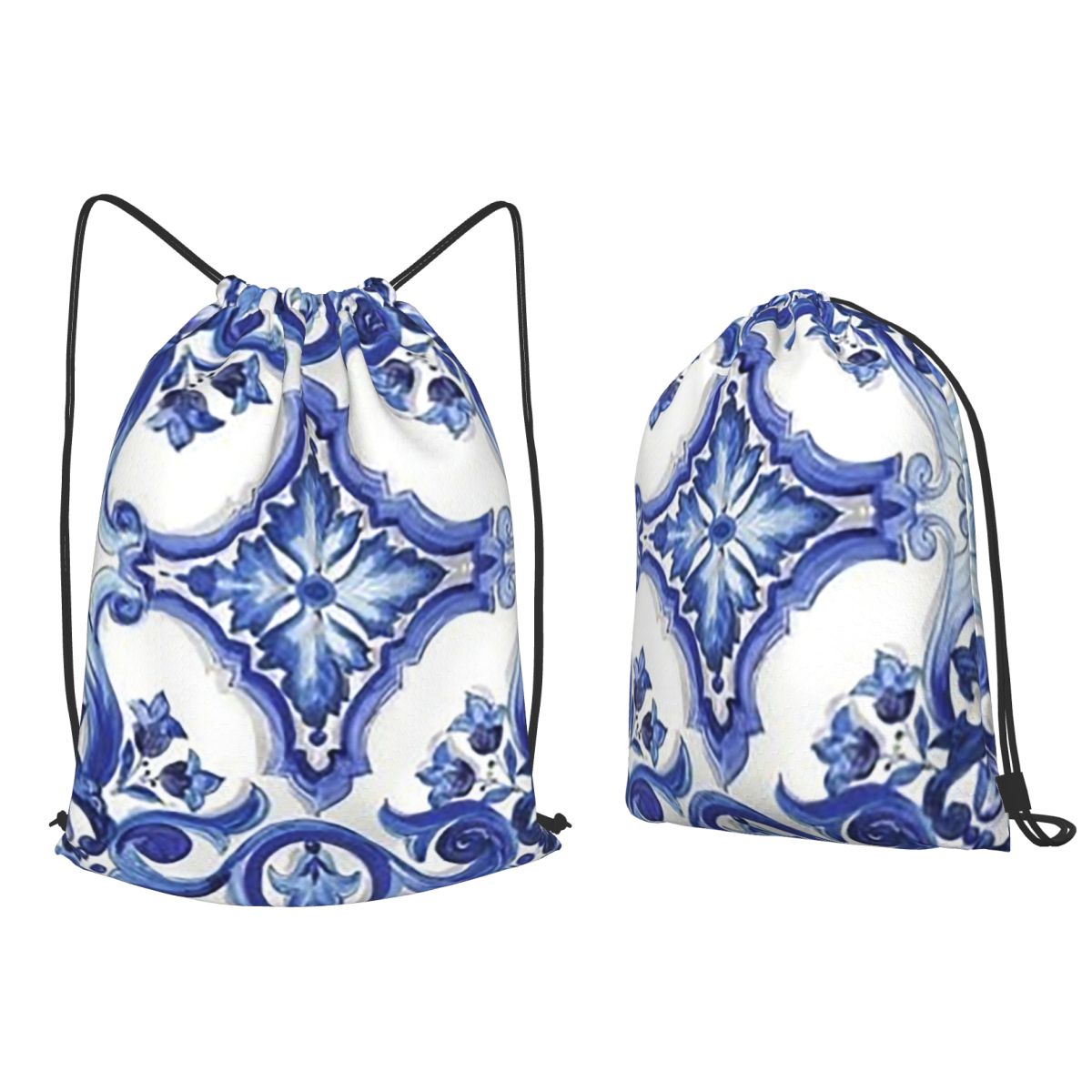 Tile Bag Drawstring - Zaini con Motivo Floreale Ornamentale Blu