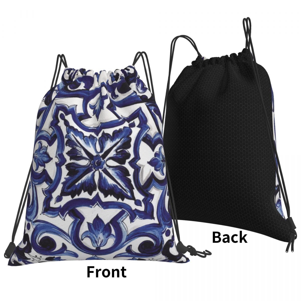 Tile Bag Drawstring - Zaini con motivo floreale ornamentale blu