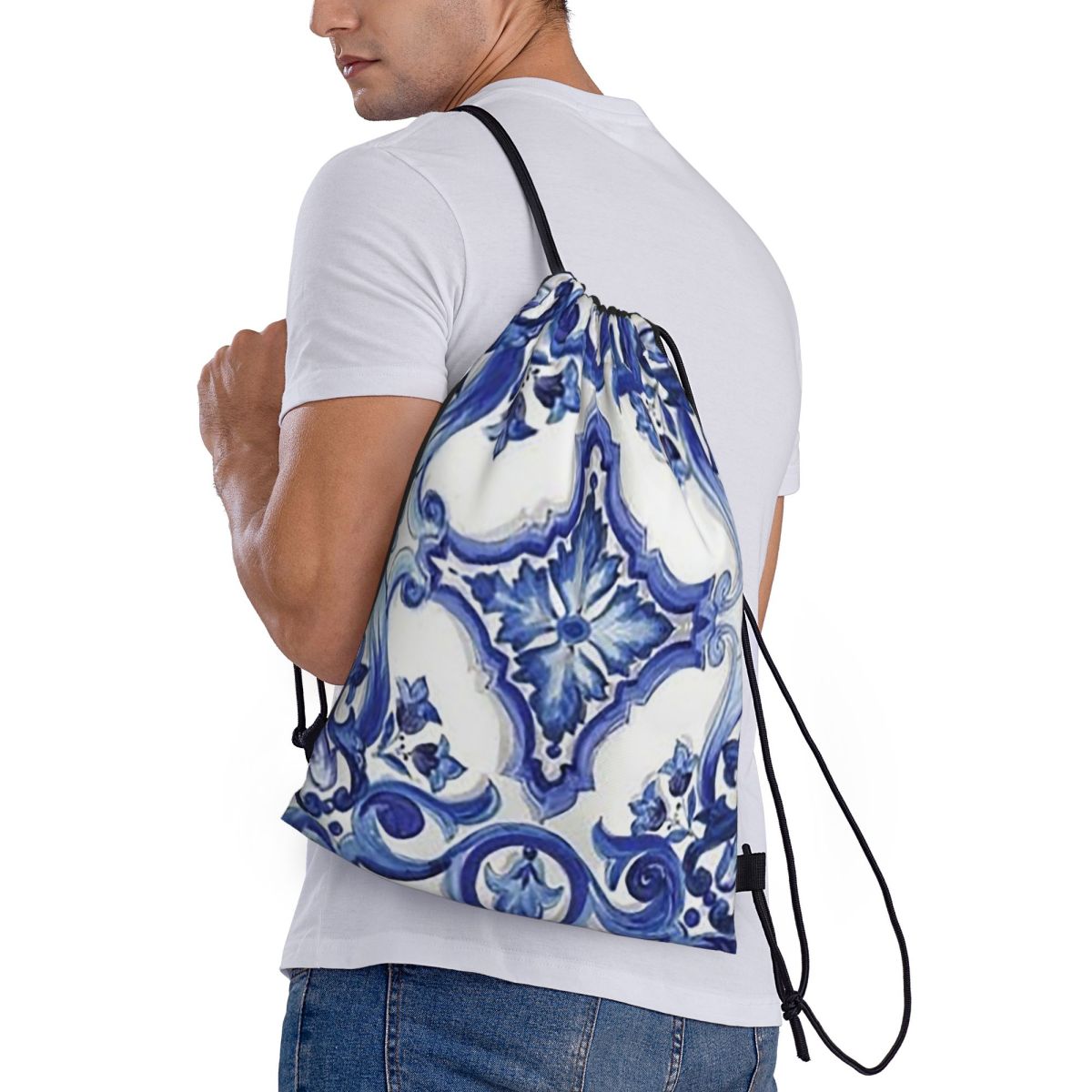 Tile Bag Drawstring - Zaini con motivo floreale ornamentale blu