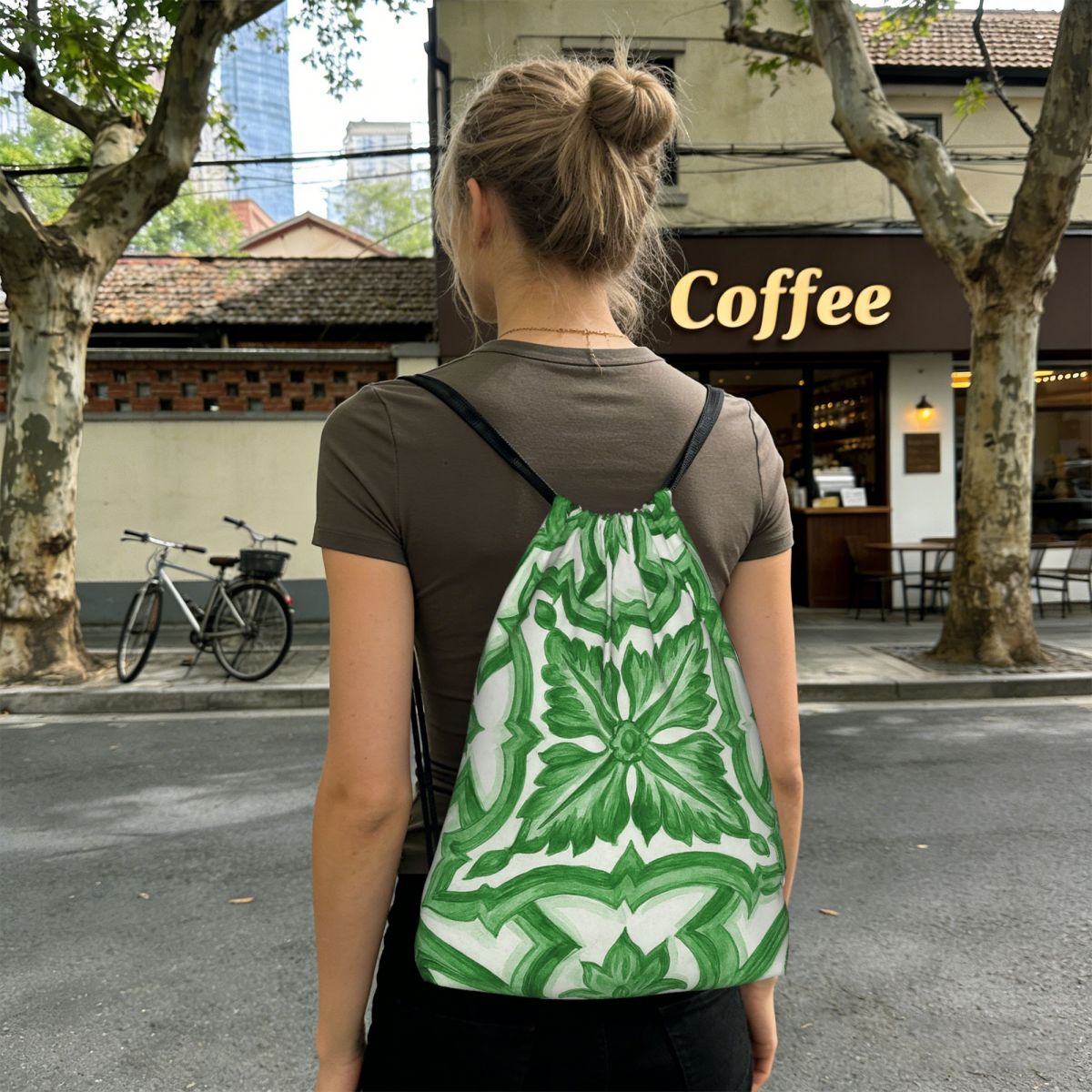 Tile Bag Drawstring - Zaini con motivo floreale ornamentale verde