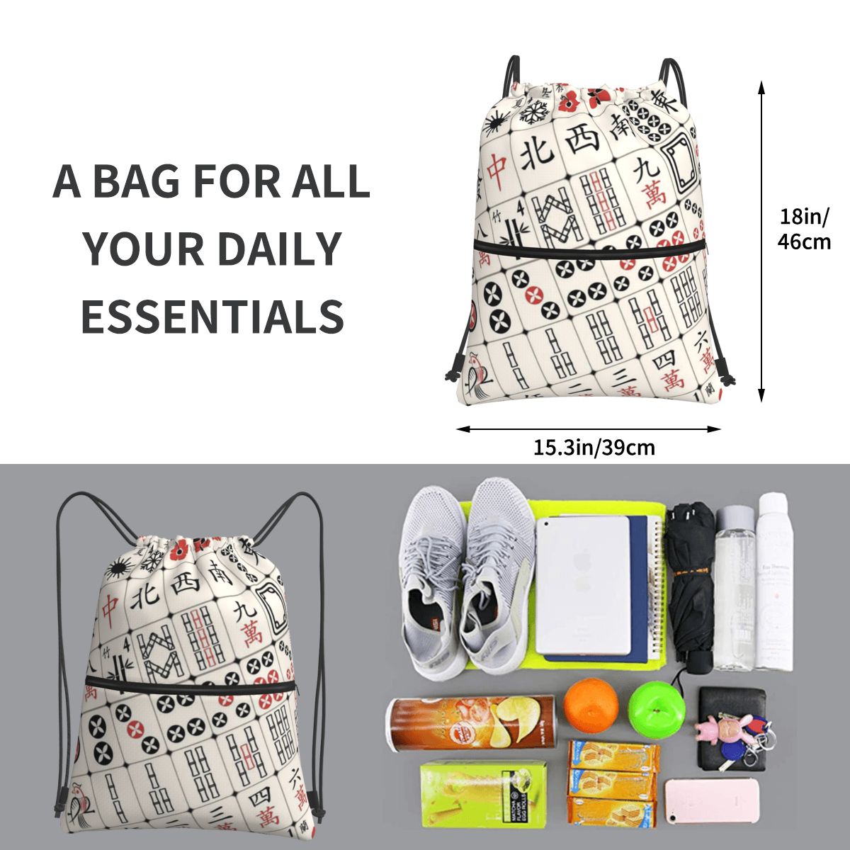 Zaini con motivo Mahjong, bors - Tile Bag Drawstring recensione e prezzo